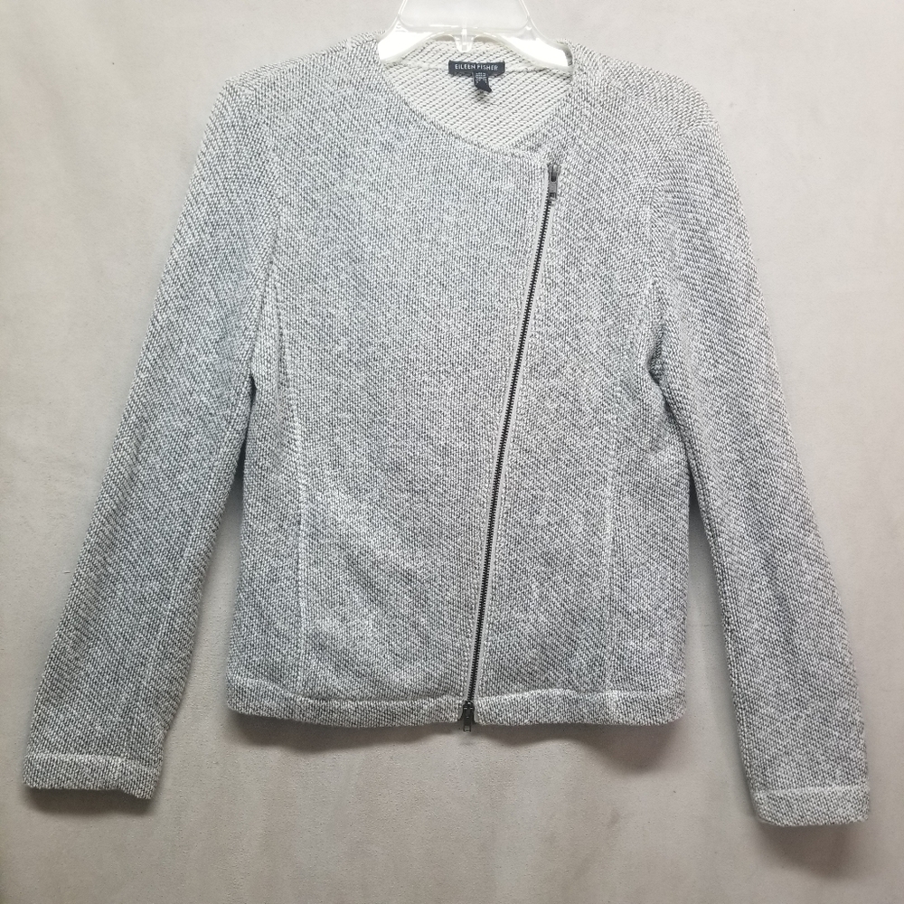 Eileen Fisher Jacket Sweater Small Black White Double Zip Office Moto Casual